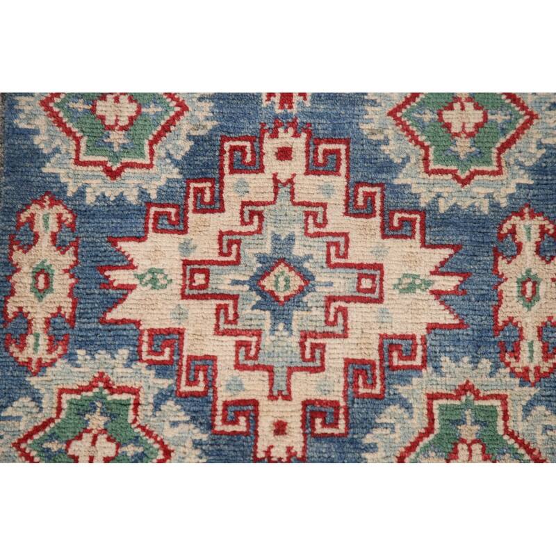 Blue Geometric Kazak Runner Rug Handmade Oriental Wool Carpet - 2'8" x 12'7"