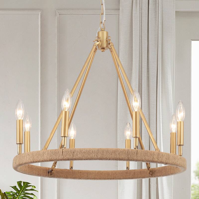 8-Light Rustic Hemp Rope Wagon Wheel Chandelier, Classic Farmhouse Chandelier for Dining Living Room - W23.62"x H20.47"