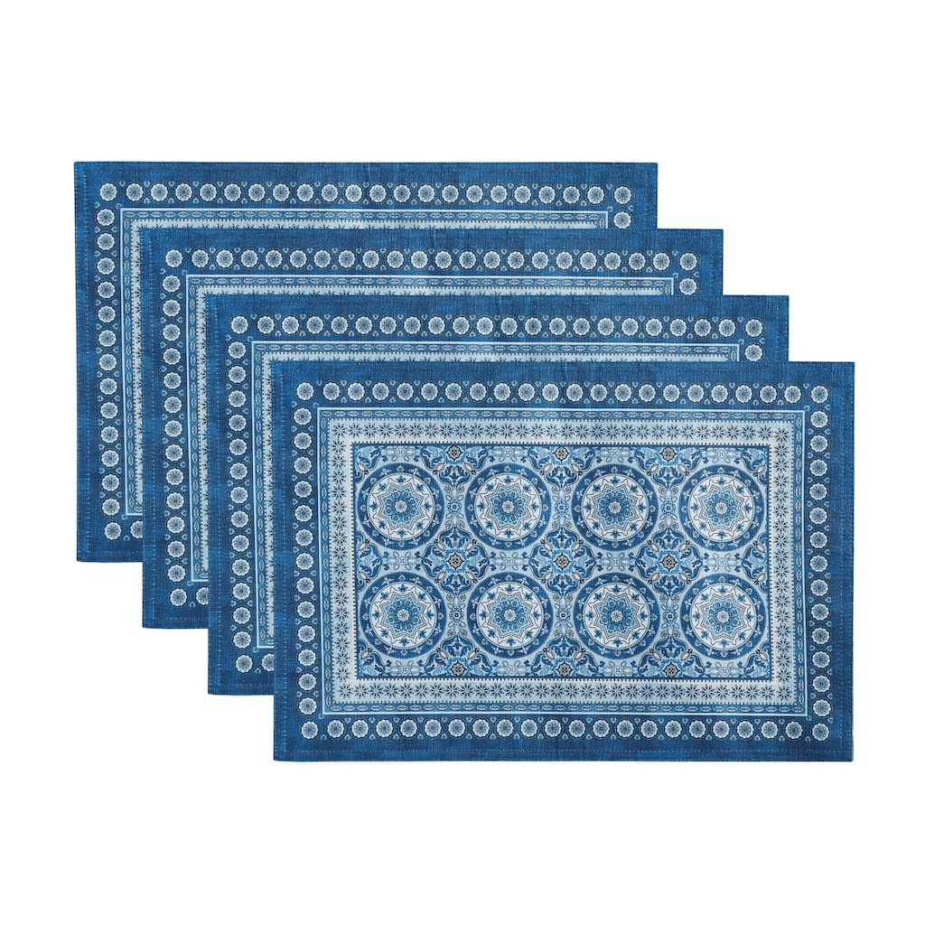 Vietri Medallion Blue Block Print Stain & Water Resistant Indoor/Outdoor Placemats, Set of 4