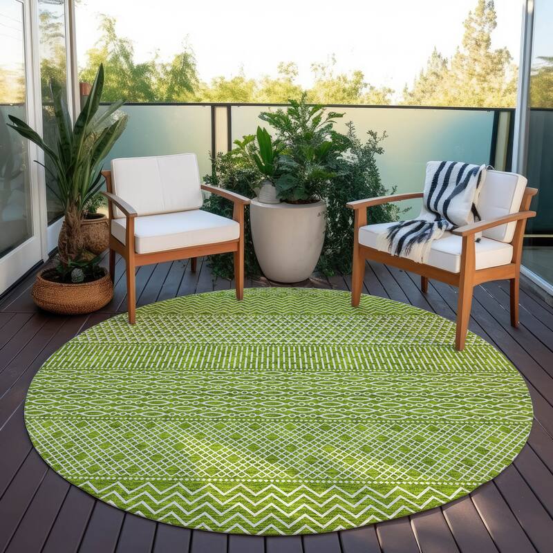 Machine Washable Indoor/ Outdoor Modern Stripes Chantille Rug - Lime - 8' x 8'