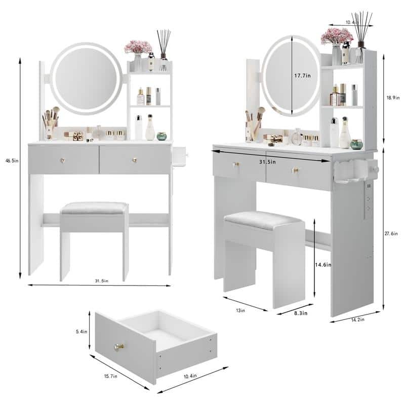 Vanity Dresser with Mirror and Stool Set Storage Drawers Luxury Furniture