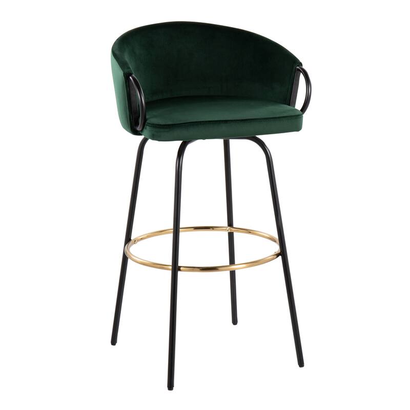 Silver Orchid Battista 30" Fixed-Height Bar Stool with Black Metal Legs & Round Footrest (Set of 2) - Green Velvet/Black Metal Accents