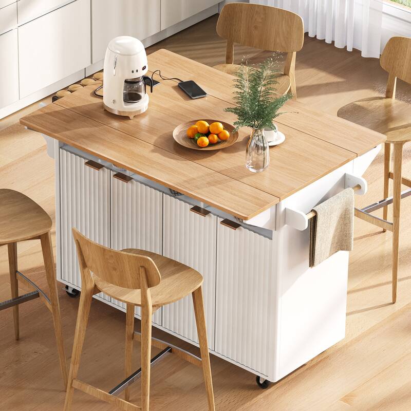 55.5" Fluted Kitchen Island with 2 Drop Leaf, Kitchen Storage Cart with Power Outlet, 4 Doors, Spice rack, Rolling Island Table