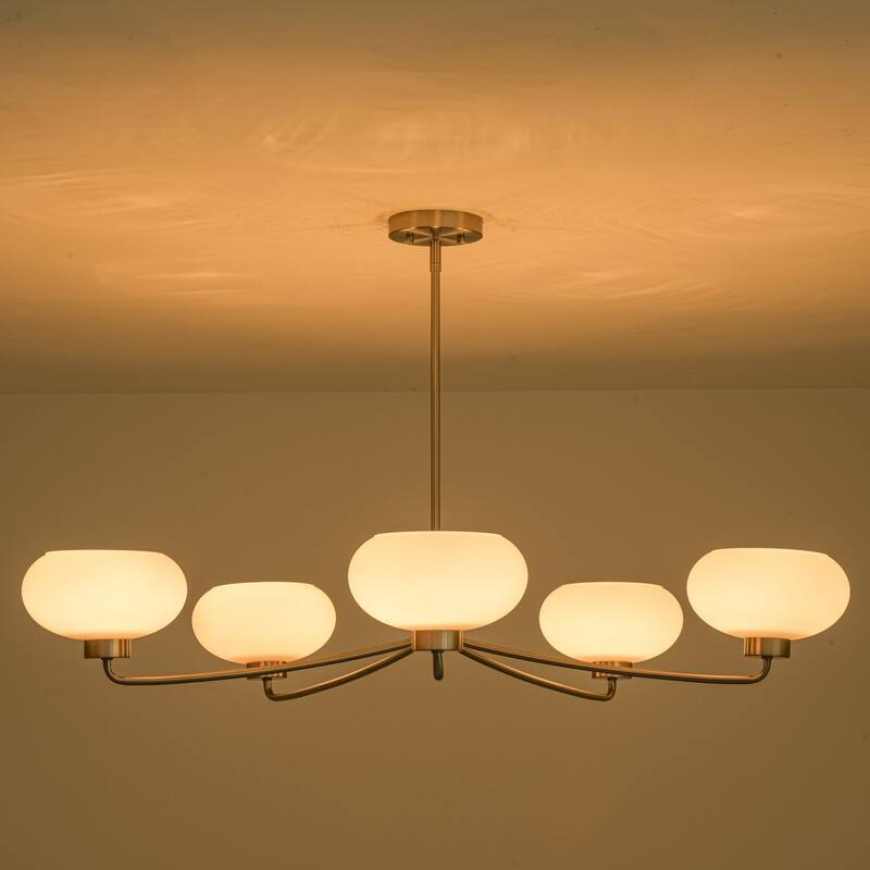 5-Light Satin Nickel Opal Glass Chandelier for Dining Room & Living Room - 43.3 in. W x 7.5 in. H