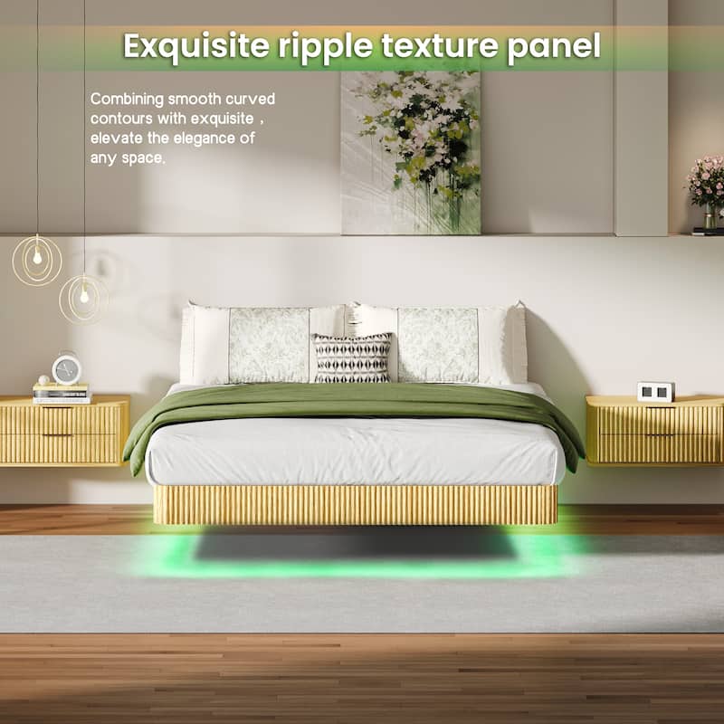 Modern Floating Bed Platform - LED Ambient Lighting with Wave-Pattern Wood Veneer & Reinforced Steel Slat System‌