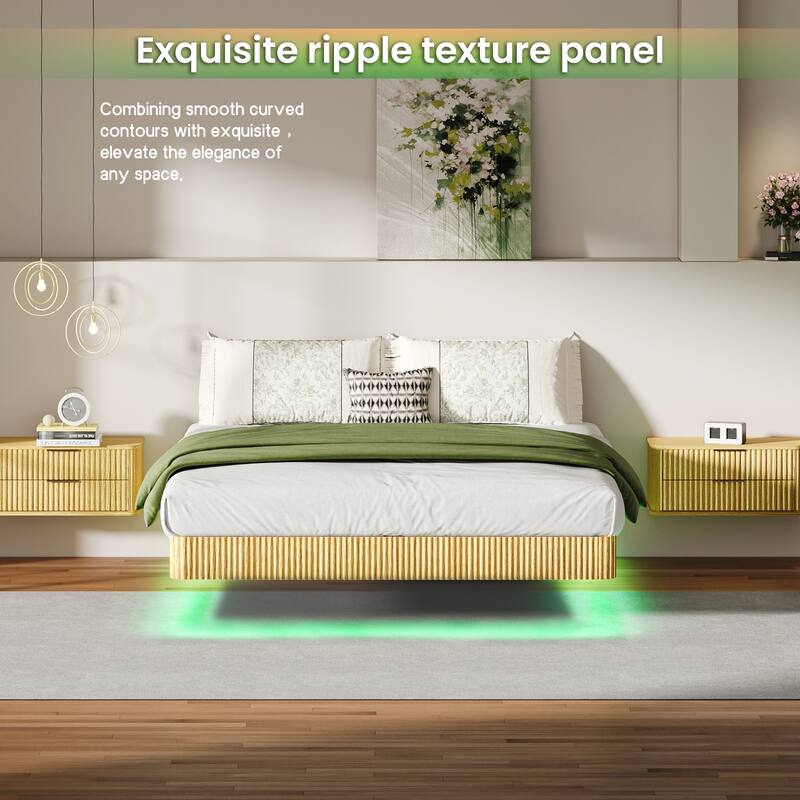 Oak Queen Floating Bed Frame with LED Lights