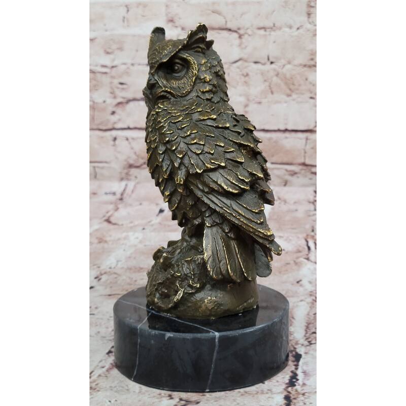 Realistic Owl Bronze Sculpture On Black Marble Base