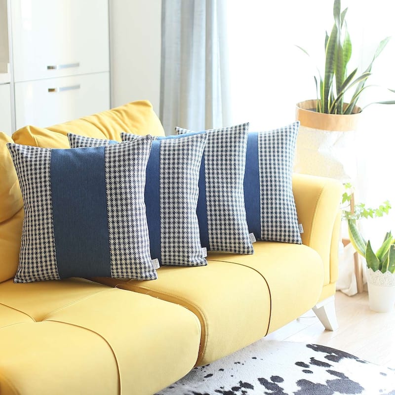 HomeRoots Set Of Four 18" X 18" White And Blue Houndstooth Zippered Handmade Polyester Throw Pillow