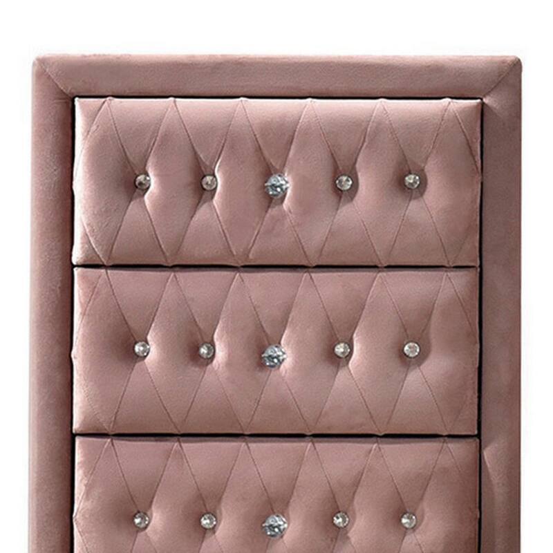 Rex 38 Inch Tall Upholstered Dresser Chest, 4 Drawer, Crystal Handles, Pink