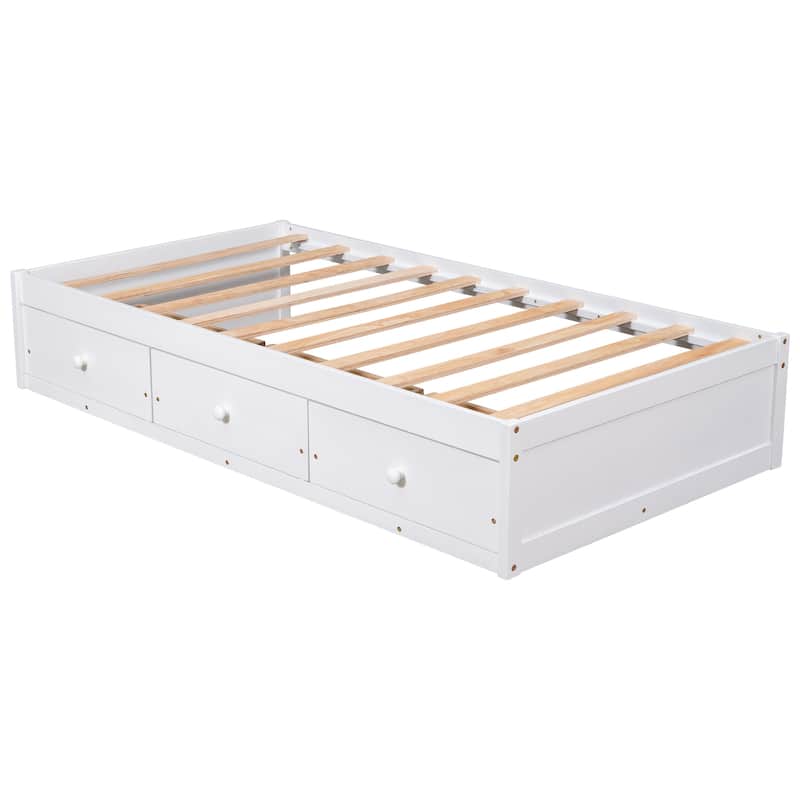 Twin Size Platform Storage Bed with 3 Drawers, White Pine Wood Frame, Mattress Foundation