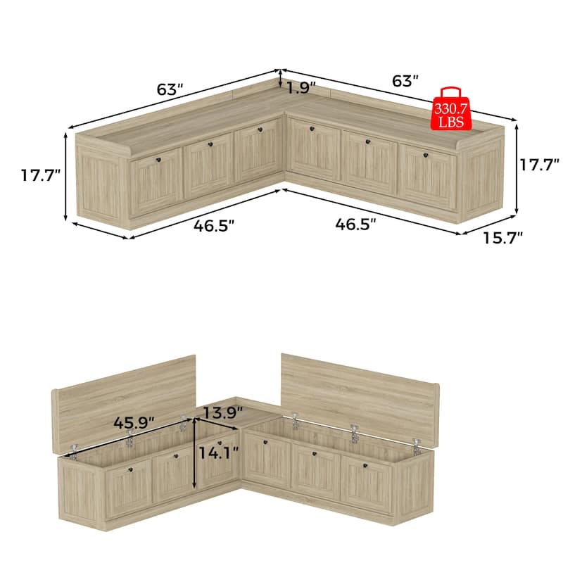 L-Shaped Storage Bench 176 lbs Top Load, Corner Entryway Bench with Hidden Storage Seating