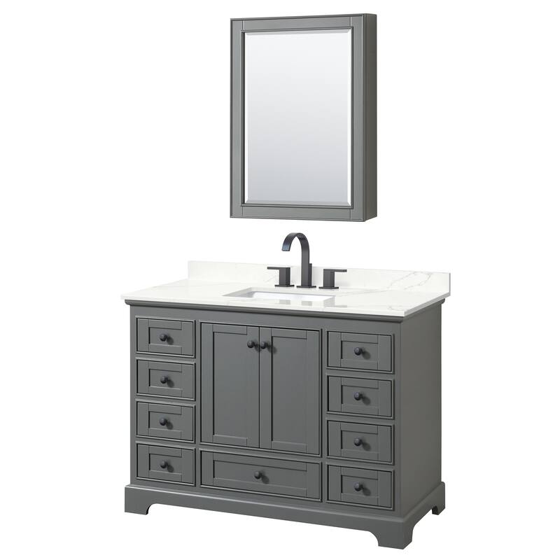 Deborah 48-inch Single Vanity, Quartz Top, Medicine Cabinet - Dark Gray, Black Trim, Giotto Quartz Top