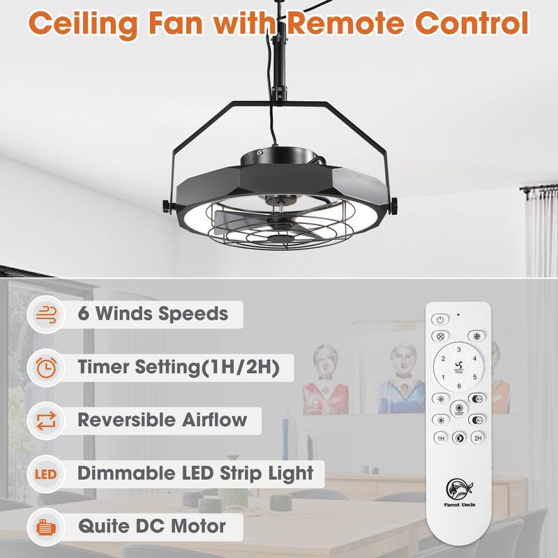 20" Industrial Black Integrated LED Caged Ceiling Fan Wall Mounted Fan with Light