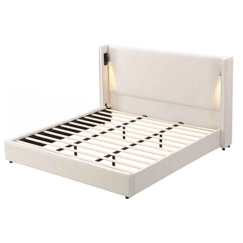 Upholstered Bed Frame with High Wingback Headboard