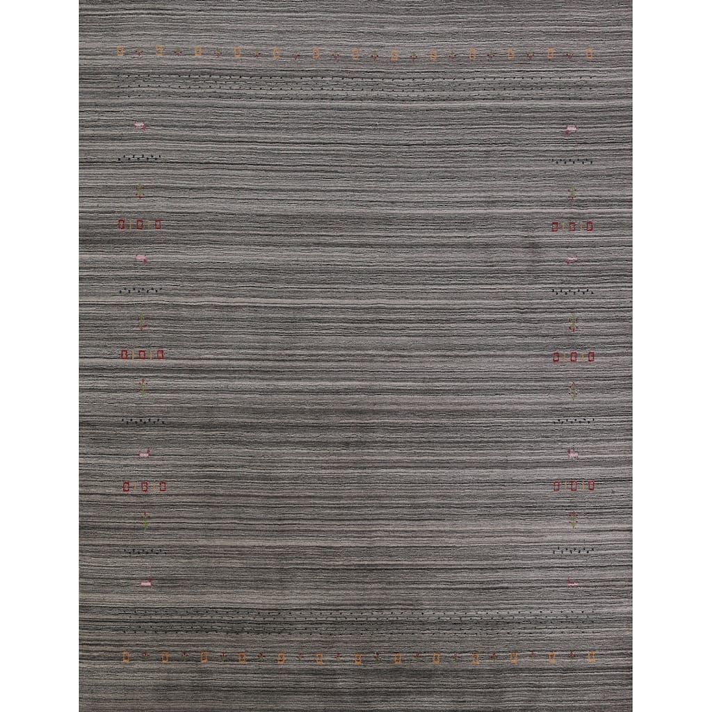 Hand Knotted Oriental 100% Wool Carpet Tribal Stripe Greys & Charcoal Gabbeh Area Rug - 9' 7'' X 8' 1''