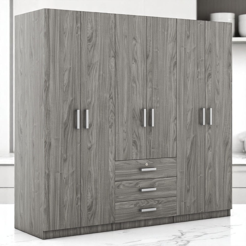Modern 6-Door Wooden Wardrobe Armoire with Shelves, Drawers, and Locking Storage for Bedroom Use