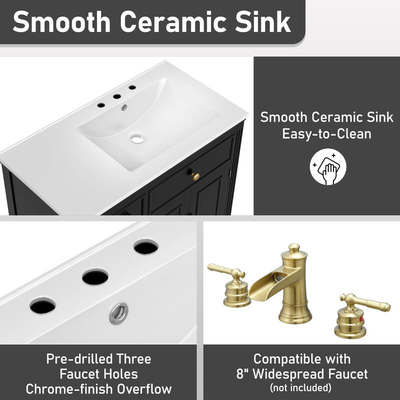 Roomfitters Bathroom Vanity with Sink, Ceramic Basin with One Tip-out Drawer, Three Side Drawers and Adjustable Shelf