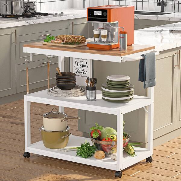 slide 1 of 7, Rolling Kitchen Island Cart on Wheels with Storage Shelves, 3-Tier Kitchen Bar Serving Cart with Towel Handle and Hooks - White