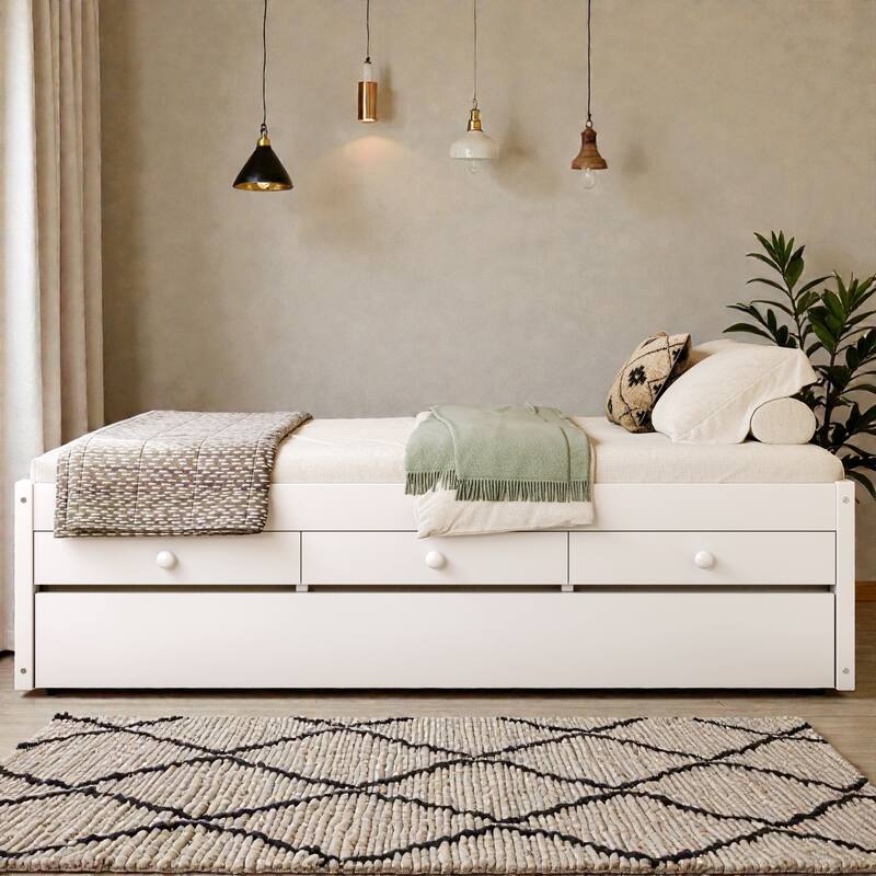 Platform Bed with Trundle, 2 Storage Drawers and Built In Power Strip, Solid Wood Bed Frame
