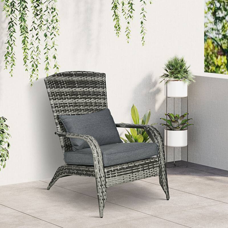 Outdoor Wicker Adirondack Chair, Patio Fire Pit Chair with Soft Cushions, Tall Curved Backrest & Armrests