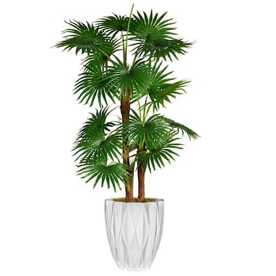 Vintage Home Artificial Faux Real Touch 5.67 Feet Tall Fan Palm Tree With Burlap kit And Fiberstone Planter - 68"