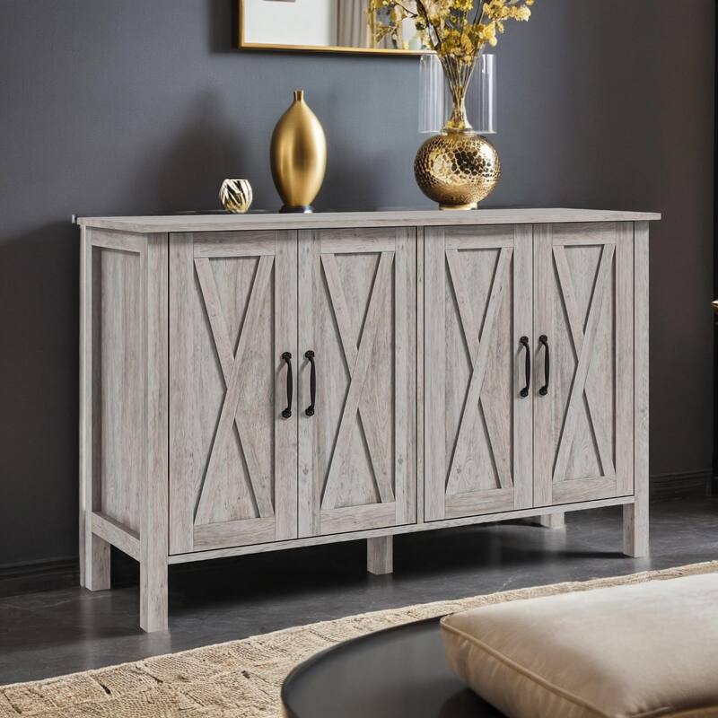 47" Sideboard with 4 Barn Doors and 2 Adjustable Shelves, Farmhouse Coffee Bar Cabinet, Gray Wood Grain