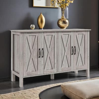 47" Sideboard with 4 Barn Doors and 2 Adjustable Shelves, Farmhouse Coffee Bar Cabinet, Gray Wood Grain