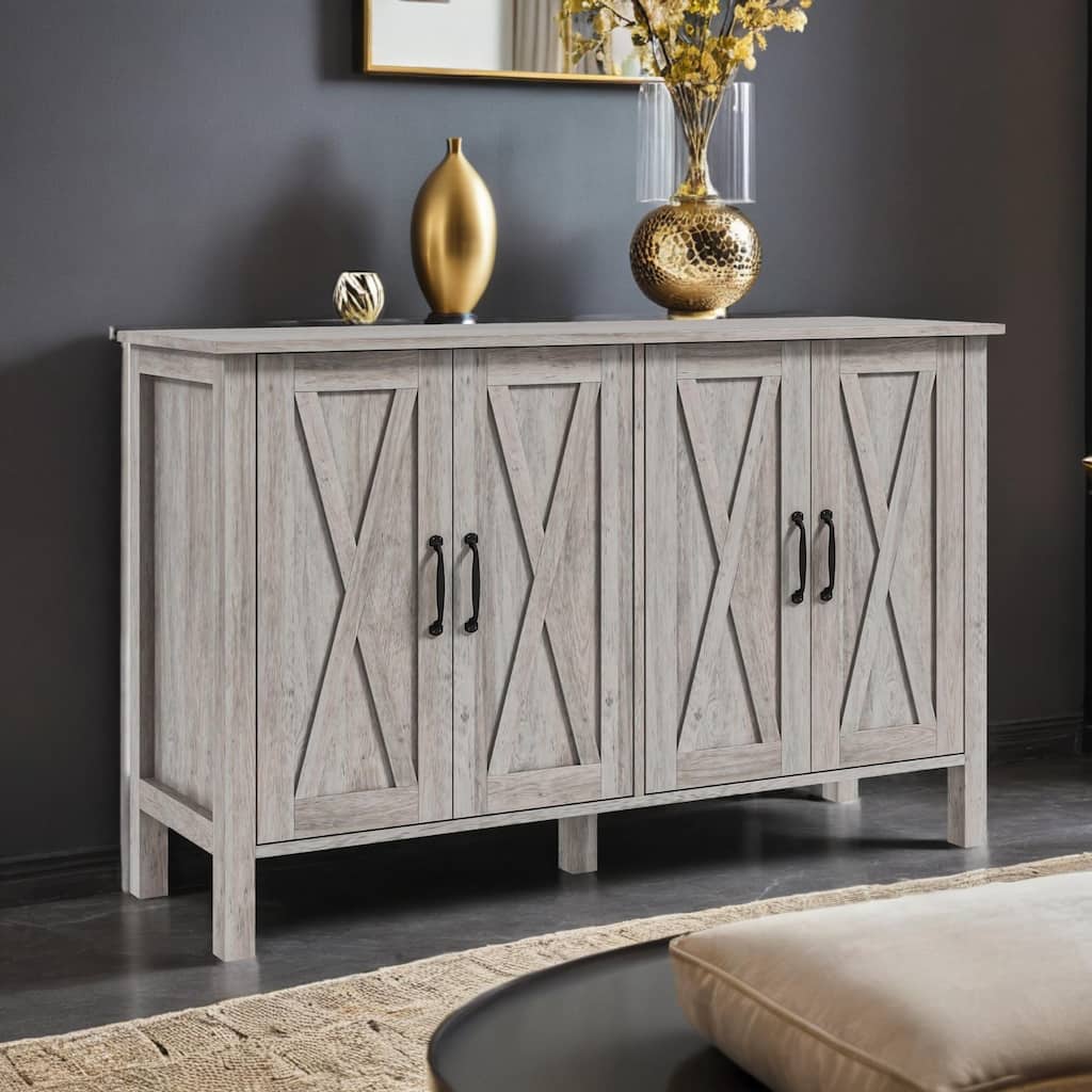 47" Sideboard with 4 Barn Doors and 2 Adjustable Shelves, Farmhouse Coffee Bar Cabinet, Gray Wood Grain