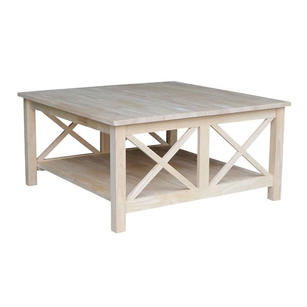 36-Inch Square Unfinished Solid Wood Coffee Table with Storage Shelf ...
