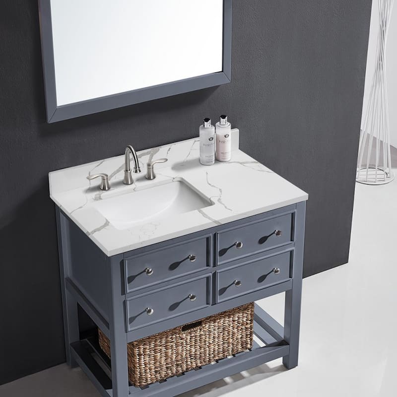 Bath Vanity Quartz Overhand Top with Rectangular Sink Backsplash Sidesplash Included in Calacatta Sevella
