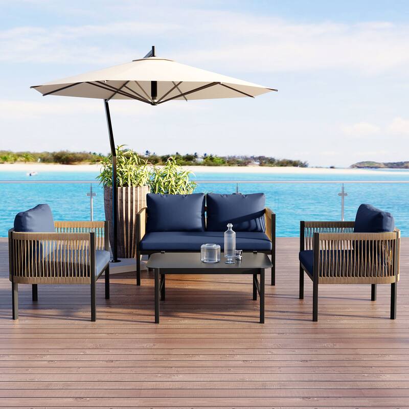 Multi-person Outdoor Sofa Set with Modular Design Iron Frame and Glass Table for Patios Backyards - Dark Blue