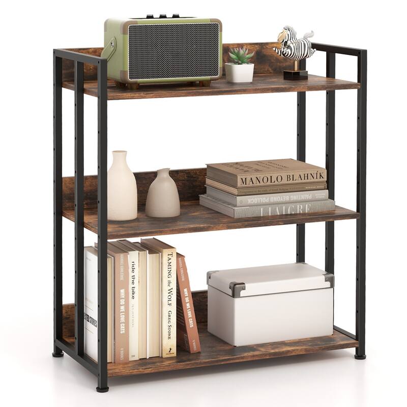 Costway 3-Tier Industrial Metal Frame Corner Bookcase with Adjustable - See Details - Rustic Brown & Black - See Details