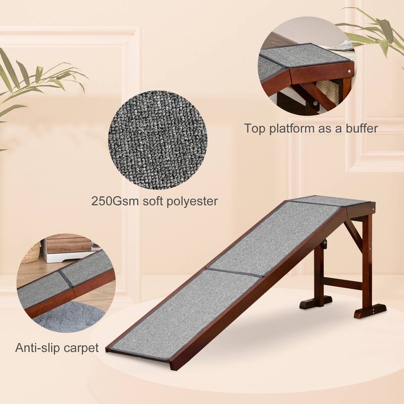 PawHut Pet Ramp for Dogs Non-slip Carpet Top Platform Pine Wood 69.75"L x 16"W x 25"H, Brown Grey