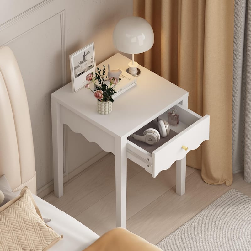 White Nightstand with Drawer, Modern Bedside Table with Wavy Apron Design, Compact End Table, Small Side Table with Storage