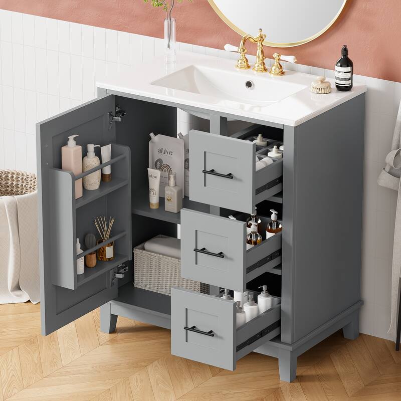 30" Modern Bathroom Vanity with Ceramic Sink - Rubberwood Frame, MDF Panels, 1 Door & 3 Drawers, Double Storage Racks - Grey