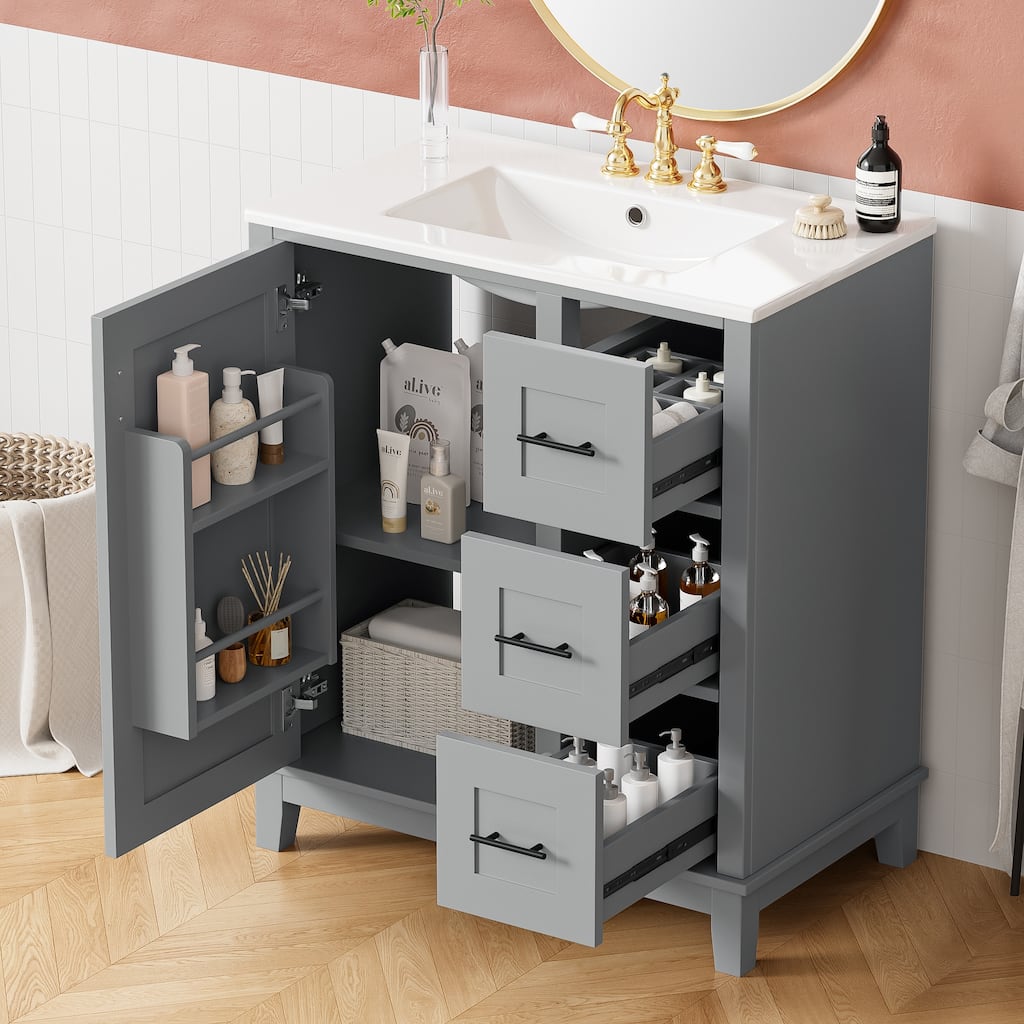 30" Modern Bathroom Vanity with Ceramic Sink - Rubberwood Frame, MDF Panels, 1 Door & 3 Drawers, Double Storage Racks