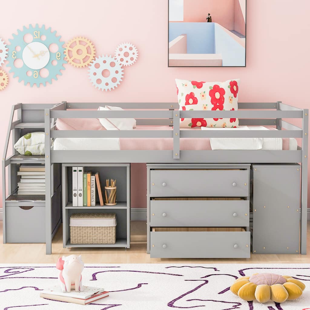 Full Size Loft Bed with Retractable Desk, Storage Stairs, and Shelves, Gray