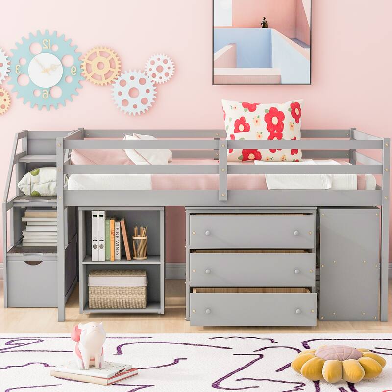 Gray Full Size Solid Wood Loft Bed with Retractable Desk, Storage Stairs, Storage Drawers, and Shelves - Gray