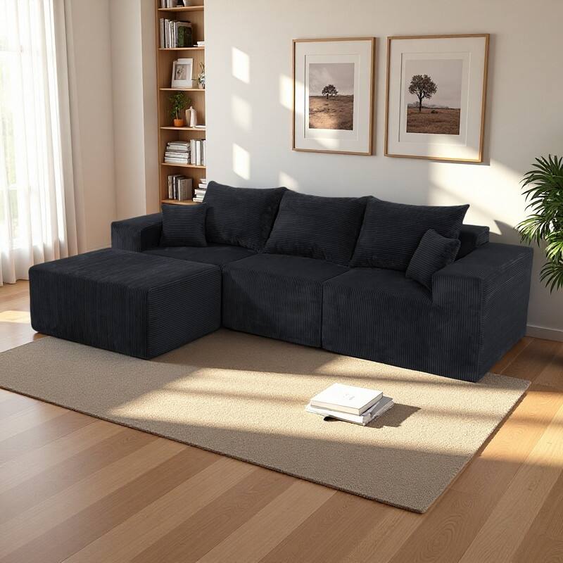 100.79" Corduroy 4-Piece Modular L-Shaped Sectional Sofa with Ottoman Included and No Assembly Needed - Black