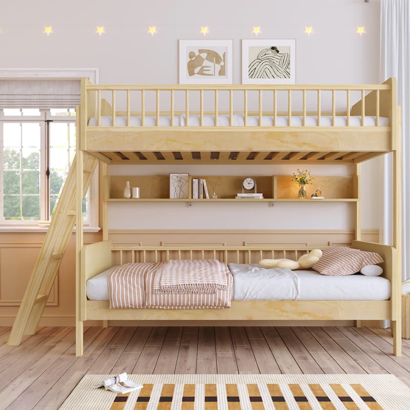 Twin Over Twin Wood Bunk Bed with 3 Storage Shelves, Reversible Ladder