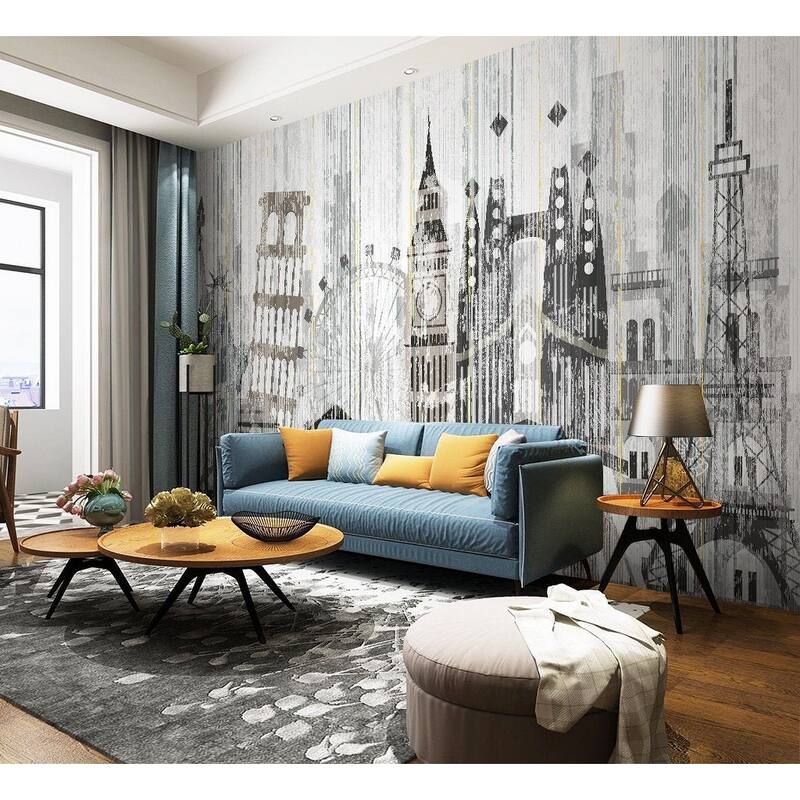 GK Wall Design City Big Ben Eiffel Tower Watercolor NYC Modern Wallpaper
