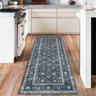 Washable Area Rug for Entryway Moss Soft Indoor Door Mat Distressed Floral Low-Pile Kitchen Rugs