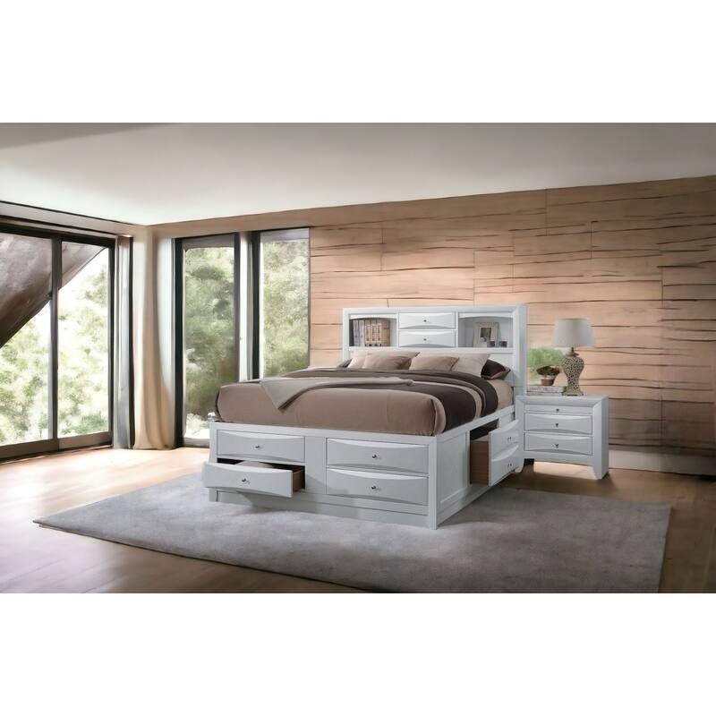 White Queen Storage Bed with 8 Drawers & Bookcase Headboard, No Box Spring Needed - White
