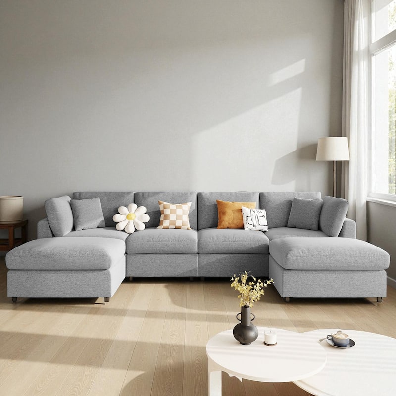 130" Large U-Shaped Modular Sectional Sofa with 2 Ottomans, Chenille Fabric Couch for Living Room & Home Theater - Grey