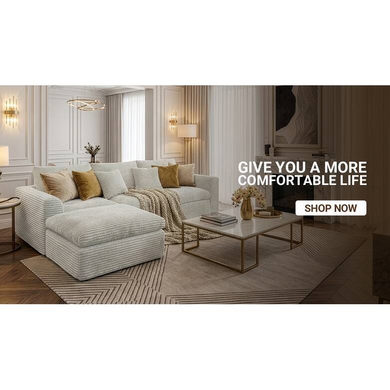 Corduroy Sectional Cloud Couch with Movable Ottoman, High-Density Boneless Sponge Sofa, L-Shape Deep Seat Corner Sofa