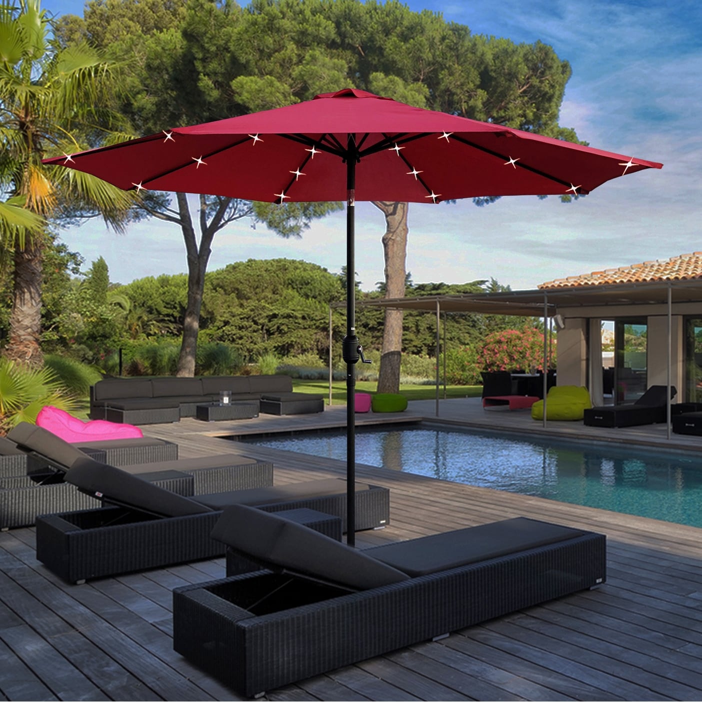 9 patio umbrella with lights TheLAShop Battery Remote 9-10ft 8-Rib and 12 sturdy ribs provide reliable strength 9' Designer - Infinite 360