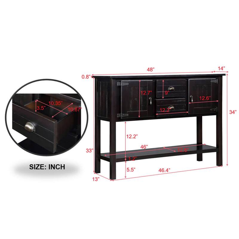 Solid Wood Sideboard Console Table Storage Cabinet with 2 Drawers and Iron Handles, Buffet Cabinet with Open Storage Shelf