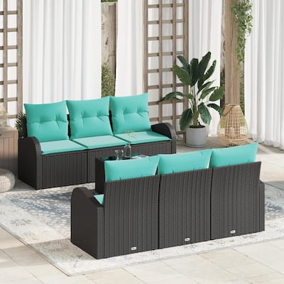vidaXL 7 Garden Sofa Set with Cushions Black Poly Rattan - 70.5 x 24.4 x 27.2