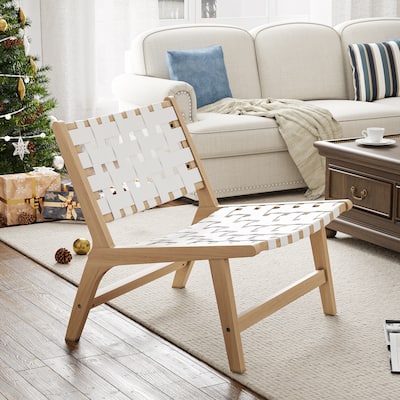 Accent Chair Faux Leather Weave and Wood Frame Indoor Outdoor Leisure Single Chair