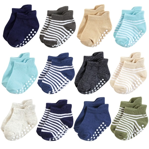 slide 1 of 1, Hudson Baby Infant Boy Non-Skid No-Show Socks, Blue Tan 0-6 Months - Blue Tan